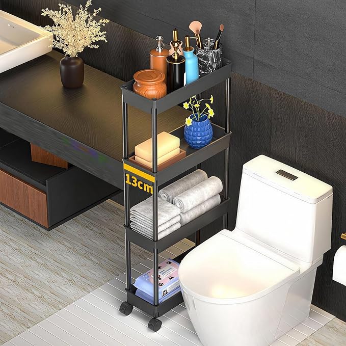 Sooyee 4 Tier Slim Storage Cart, Black | Rolling, Narrow Shelf, Mobile Shelving Unit Organizer, For Kitchen, Bathroom, Laundry Room - Image 2