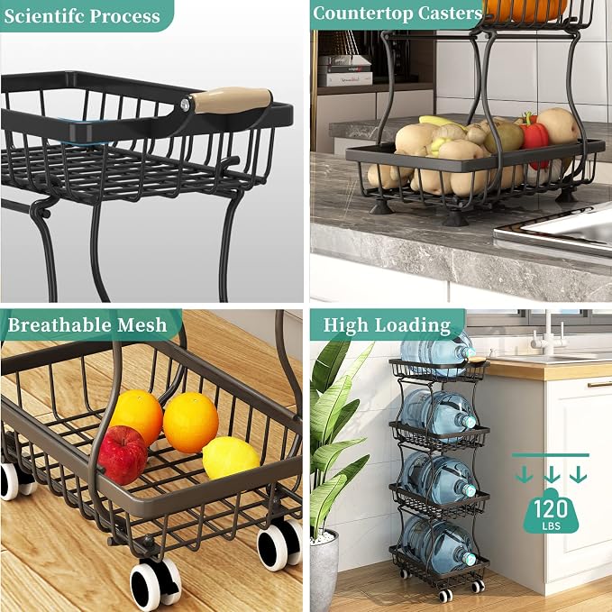 CHLORYARD 4 Tier Slim Fruit Basket for Kitchen, Stackable Metal Wire Fruit Vegetable Storage Baskets Organizer Stand on Wheels, Produce Basket Potato Onion Storage Bins Rack for Pantry. (Black) - Image 7