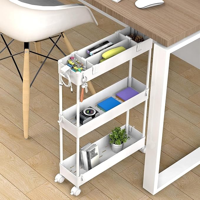 2-piece Set Slim Storage Cart 3 Tier,Bathroom Organizer Rolling Utility,Mobile Shelving Unit Slide Out for Office, Kitchen, Laundry Room & Narrow Places - Image 6