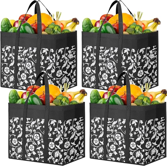 Reusable Grocery Bags Foldable Tote Bags bulk Shopping Bags 4-Pack, Black | Reinforced Handles Shopping Bags for Groceries Heavy Duty Kitchen Reusable Grocery Bags with Waterproof Coating by WOWBOX