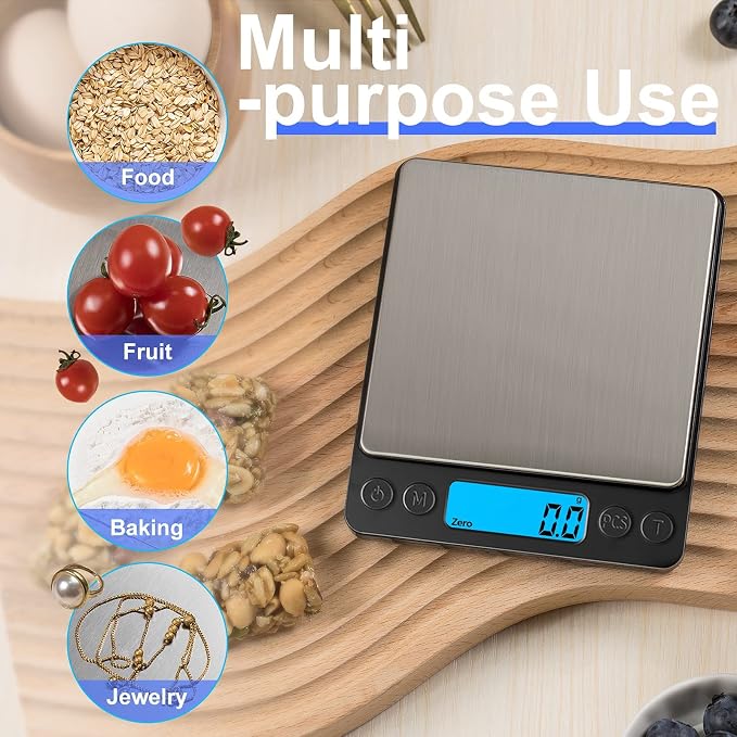 Digital Food Kitchen Scale Upgraded, YONCON 3000g/0.1g High Accuracy Mini Pocket Scale Measures in Grams and oz for Cooking, Baking, Jewelry, Tare Function,2 Trays, LCD Display (Batteries Included) - Image 5