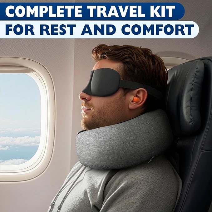 100% Memory Foam Travel Neck Pillow with Breathable Mesh – 4-in-1 Airplane Kit with 3D Eye Mask, Earplugs & Bag, Adjustable Closure – G-Shape Airline Pillow for Sleeping on Long Flights, Car, Train - Image 9