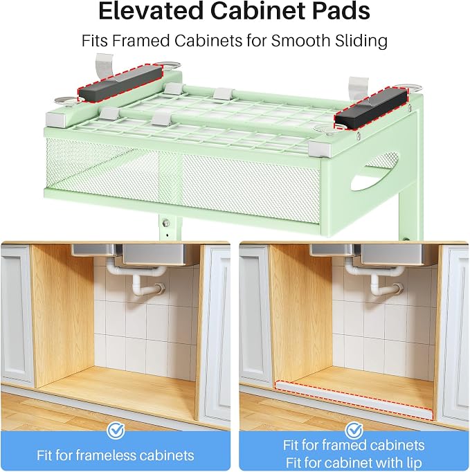 Under Sink Organizer, 2 Tier Pull Out Under Cabinet Organizer Shelf with Pad for Framed Cabinets, Metal Slide Out Under Sink Storage, Mesh Sliding Drawers for Kitchen Bathroom Laundry(Green, 1 Pack) - Image 7