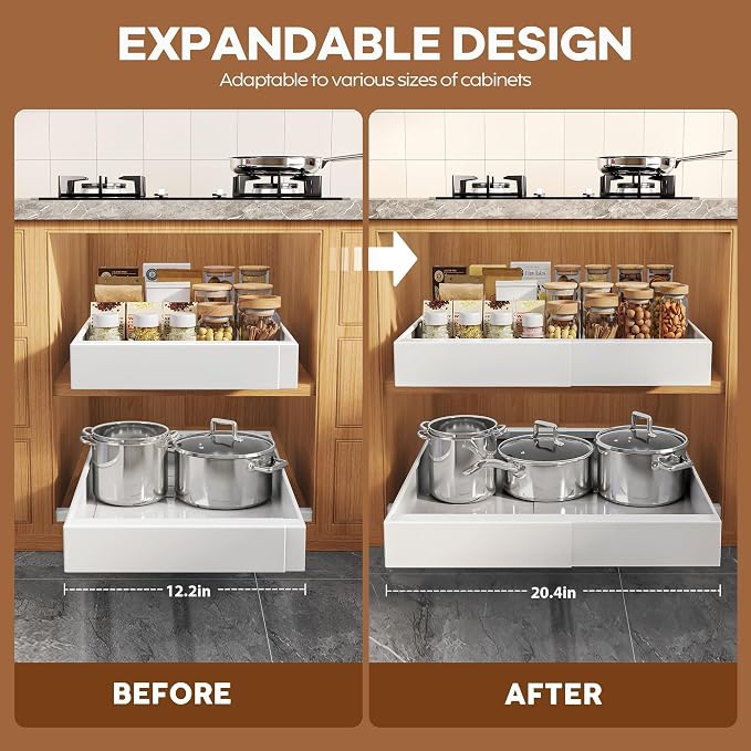 Seinloes 2 Pack Expandable Pull Out Cabinet Organizer 16.5"Deep with Raising Pad for Framed Cabinets,Upgrade 3 Slide Rails Slide Out Drawers,Roll Out Shelves Adhesive,Adjustable Width 12.2"-20.4"White - Image 3