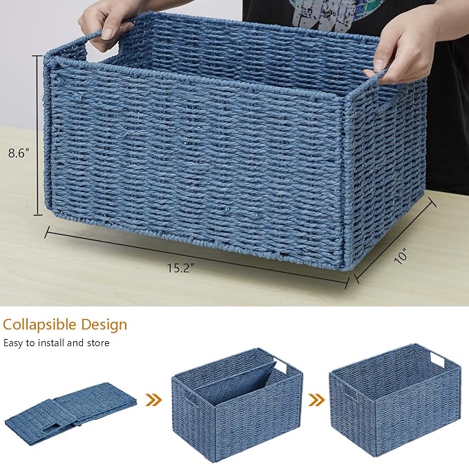 Wicker Storage Basket, Set of 2 Hand-Woven Paper Rope Wicker Basket, Small Storage Baskets for Organizing Toilet Paper Basket, Foldable Large Cube Storage Organizer Bins for Shelves (Blue) - Image 2