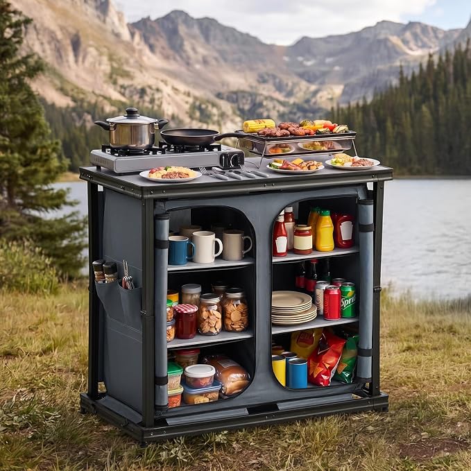 VEVOR Folding Camping Storage Cabinet, Outdoor Portable Aluminum Lightweight Table, Quick Set-up Compact Kitchen Cook Station, with 6 Shelves and Carry Bag, for Picnic, BBQ, Camping, RV Traveling - Image 2