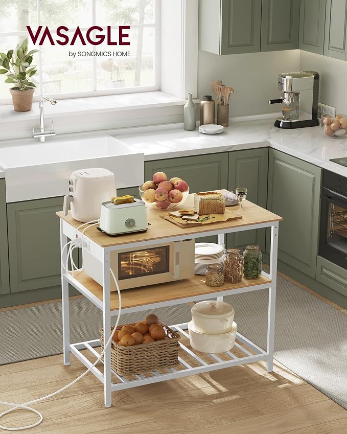 VASAGLE Kitchen Island with 3 Shelves, Kitchen Shelf with Power Strip, 23.6 x 39.4 x 34.9 Inches, Large Worktop, Steel Structure, Industrial, Easy to Assemble, Oak Color and White UKKI105Y01 - Image 2