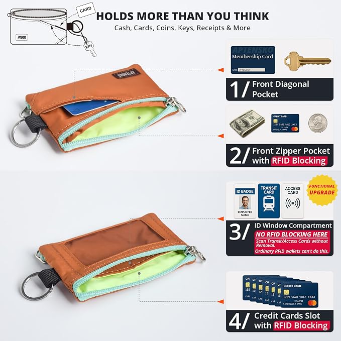 RFID Blocking Travel Wallet with Adjustable Lanyard, Small Nylon Zipper Pouch and Badge Holder for ID, Credit Cards, Cash, Keys, Commuters (Rust) - Image 6