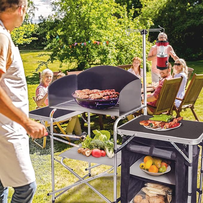 CampLand Folding Camping Kitchen Table with Windscreen,Portable Outdoor Cooking Station with Storage Cabinet & Side Tables Heavy Duty Camp Cook Station for Camping & BBQ (Black) - Image 2