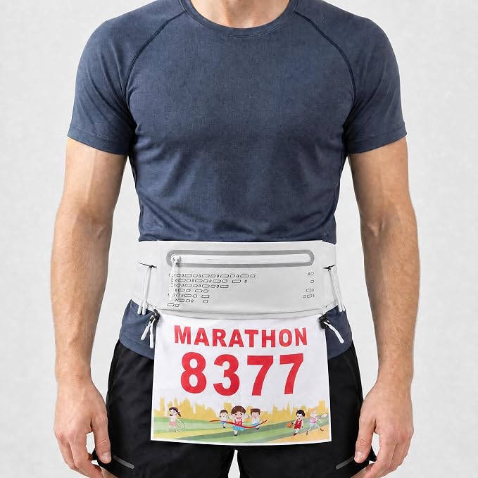Running Belt Fanny Pack Men Women, Slim No-Bounce Waterproof Phone Holder | Adjustable Elastic Strap Fits 27-43" Hips, Detachable Race Bib Clips, Energy Gel & Sunglasses Loops, 3 IPX4 Pockets - Image 4