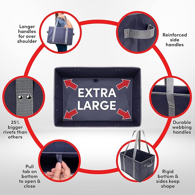 BAG-THAT! 4pk Reusable Grocery Bags Shopping Bags Tote Box Large Heavy Duty Groceries Bag Handles Foldable Reinforced Bottom (Navy Blue/Gray) - Image 3