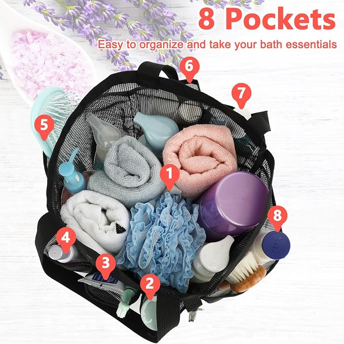 Fammart Mesh Shower Caddy Portable for College Dorm Room Essentials, Odorless Polyester Large Shower Tote Bag with Dual Handles, 8-Pocket Quick-Dry Toiletry Organizer for Travel, Beach, Camping, Gym - Image 4