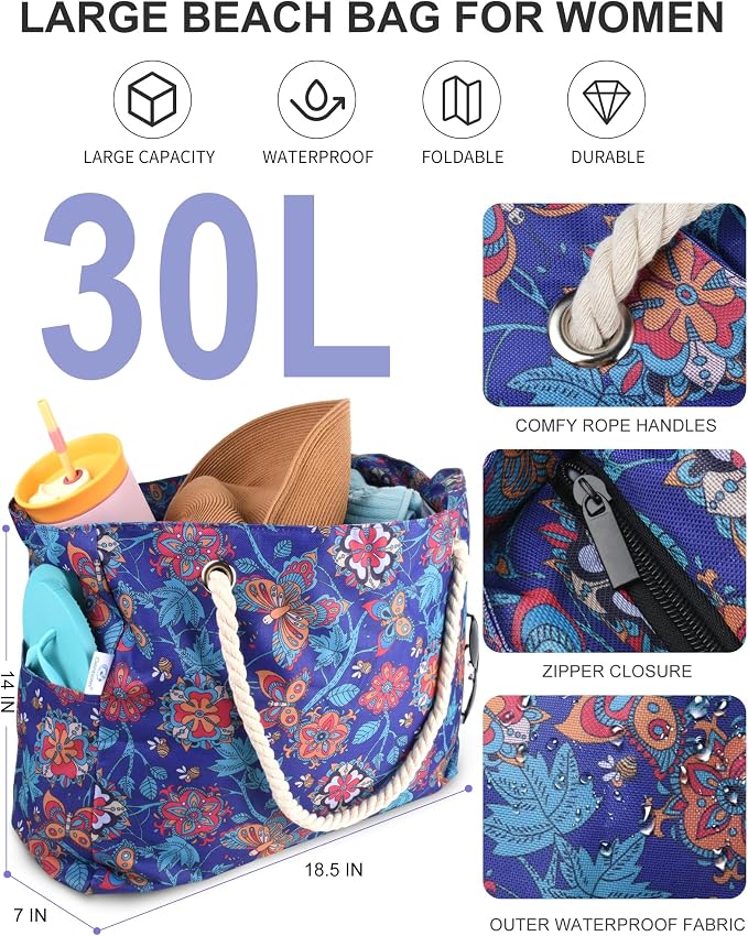 Genteen Beach Bag for Women, Large Waterproof Sandproof Beach Tote with Zipper Pocket, Solid for Travel Pool - Image 3