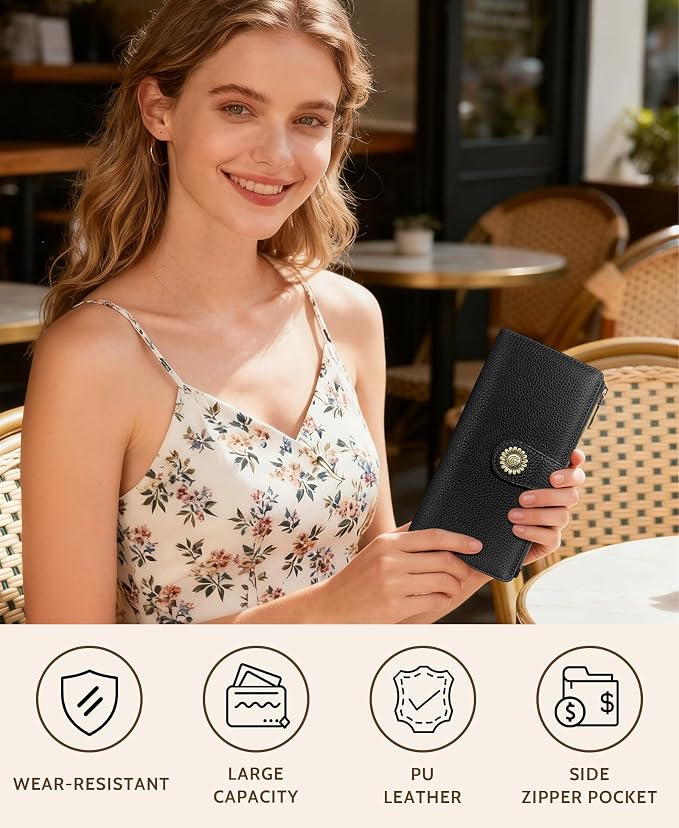 GIANCOMICS Black Womens Wallet RFID Blocking Long Credit Card Holder Bifold | Billfold, Cute Cash Purse, Travel Zipper Coin Pocket, Compact Clutch, PU Leather, ID Window, 11 Card Slots, Ladies Gift Woman - Image 2