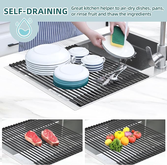 Ohuhu Sink Drying Rack, 20.5" W x 16.1" L Over Sink Roll-Up Dish Drainer - Rolling Foldable Accessories Heat-Resistant Mat Anti-Slip Silicone Coated Multipurpose for Kitchen Counter - Image 2
