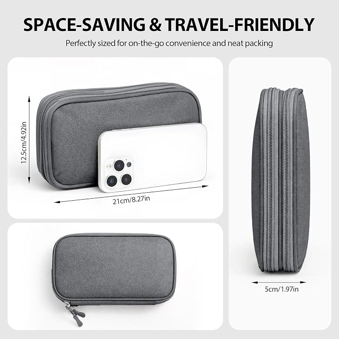 Double Layer Cable Organizer Bag, Travel Tech Pouch, Dark Gray | Water-resistant Oxford fabric with 8 compartments and padded lining for charger protection. Includes 8 cable ties. - Image 2