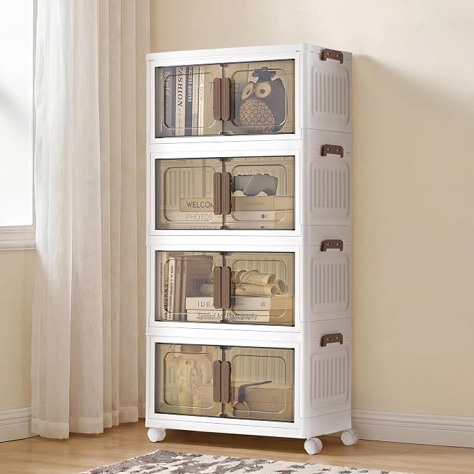 SONGMICS 26QT stackable storage bins with 1 Lid, 4-Tier Foldable Bins | Collapsible Cabinet, PP Plastic, Magnetic Doors and wheels, 17.7 x 10.2 x 35.8 inch, White, DENNYS Collection URLB445WZ01 by SONGMICSbySONGMICSHOME