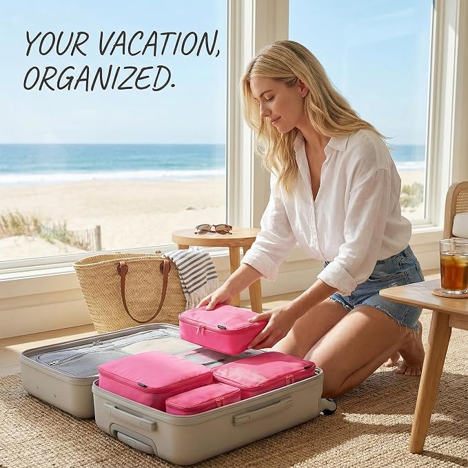 6 Set Compression Packing Cubes for 7–14 Day Travel, Rose Red | Nylon Oxford Fabric, Full Breathable Mesh, Reinforced Double-Zipper, Small to Large Size Bag, Expandable Packing System - Image 7