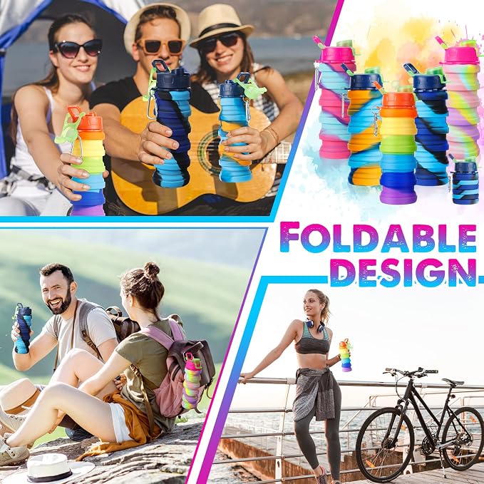 CHENGU 5 Pcs Collapsible Water Bottles for Travel 16 oz Silicone,Rainbow | Leak Proof & Portable, Reusable Foldable Water Bottles Bulk, with Metal Clip, for Camping Hiking Sports - Image 4