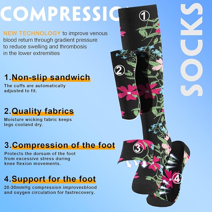 cerpite Compression Socks for Women & Men 6 Pairs Knee High Compression Socks 20-30 mmhg Best for Running,Nurse,Travel - Image 3