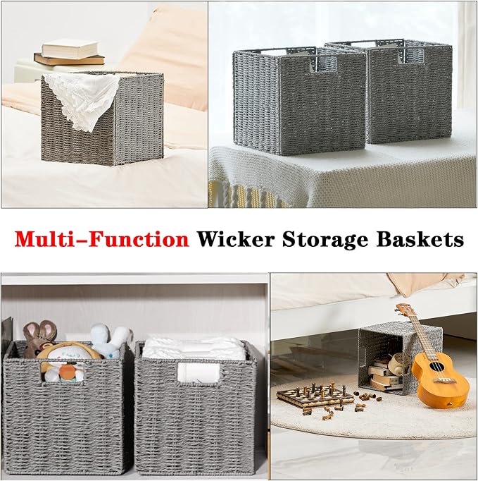 Wicker Storage Basket, Set of 2 Hand-Woven Storage Baskets for Shelves with Handles, Foldable Cube Storage Baskets Bins Organizer 13 inch Large Wicker Baskets for Pantry Bedroom Decor, Grey - Image 6