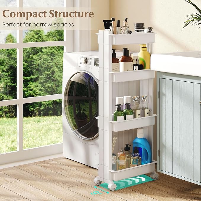 Giantex 4-Tier Slim Rolling Storage Cart, 9" W Narrow Slide Out Plastic Organizer Rack with Wheels, Mobile Utility Cart w/Shelving Unit for Kitchen, Bathroom, Office, Laundry Room - Image 5