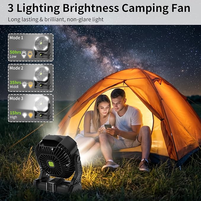 Battery Powered Fan Rechargeable Portable Camping Fan Tent with Light | 20000mAh Cordless Battery Operated Camping Fans with Light,USB Personal Fans Outdoor Camping Essentials Beach Tent for Travel - Image 6