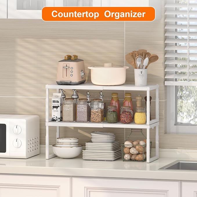 RUILALIFE Expandable-Stackable-Shelf-Organizer-For-Cabinet Pantry Closet,Kitchen Counter Shelf With Adjustable Height, Metal Storage Shelf Riser Spice Rack For Cupboard Countertop - Image 3