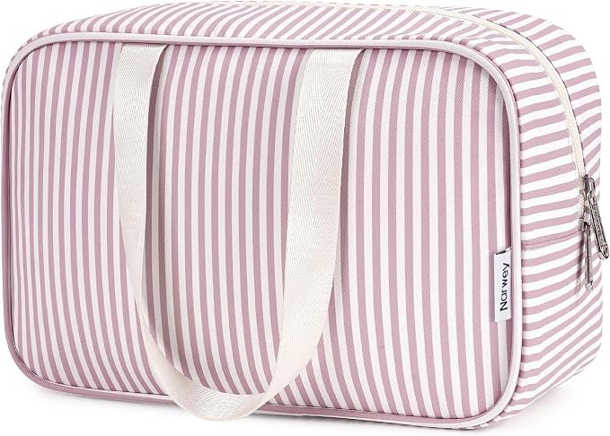Full Size Toiletry Bag Women Large Cosmetic Bag Travel Makeup Bag Organizer Medicine Bag for Toiletries Essentials Accessories (Dusty Rose Stripe, Large) by Narwey