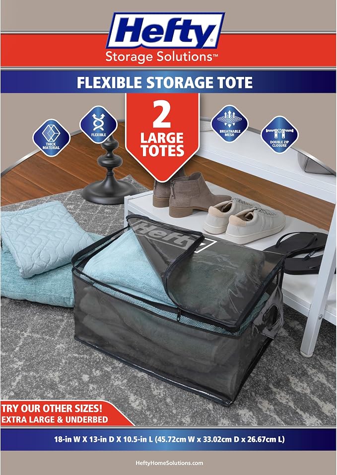 Hefty Large Flexible Tote with Breathable Mesh, Double Zipper, 2 Handles – Ideal for Moving or Clothes & Apparel Storage, Alternative to Plastic Bin, Organizer or Container – 2 Pack - Image 2