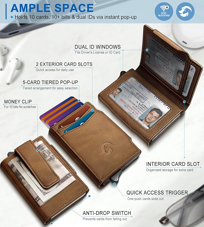 Wallet for Men, Slim Pop Up Card Holder with RFID Blocking, Minimalist Bifold Wallet with 10 Card Slots, 2 ID Window and Money Clip, Metal Flip Case with Magnetic Closure, Gift Box - Image 2