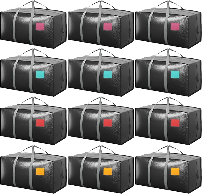 12 Pack Moving Bags with Full-Open Side Zipper, Extra Large 93L Heavy Duty Waterproof Foldable Storage Totes for College Dorm, Moving & Home Organization Gray by RMOHRO