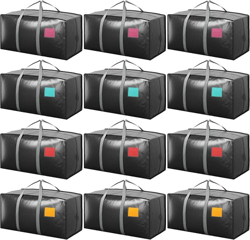 12 Pack Moving Bags with Full-Open Side Zipper, Extra Large 93L Heavy Duty Waterproof Foldable Storage Totes for College Dorm, Moving & Home Organization Gray by RMOHRO
