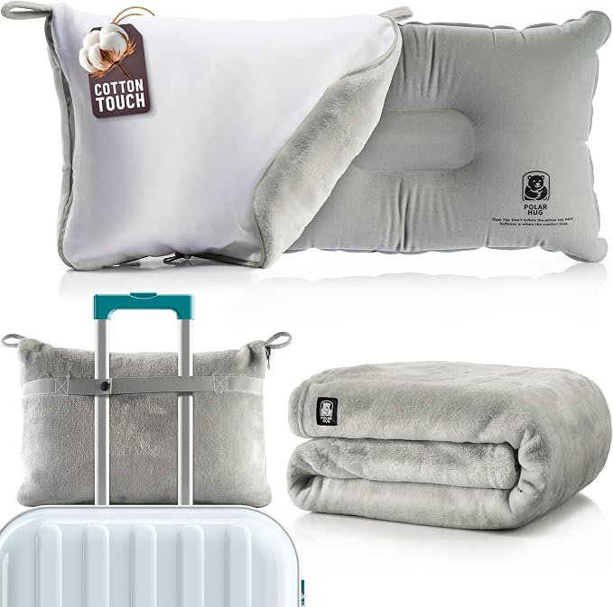 Travel Blanket and Pillow Set — Airplane Blanket with Inflatable Pillow and Cotton Pillowcase, Travel Blanket Combo with Back-Neck Snaps for Long Flights by MasterManner
