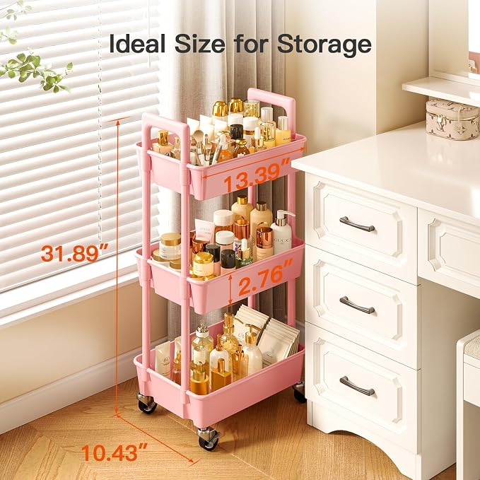 Pipishell 3 Tier Rolling Cart Organizer, Plastic Rolling Cart with Lockable Wheels & Reinforced Handle, Lightweight Utility Storage Cart for Nursery, Kitchen, Craft Room, Pink - Image 3