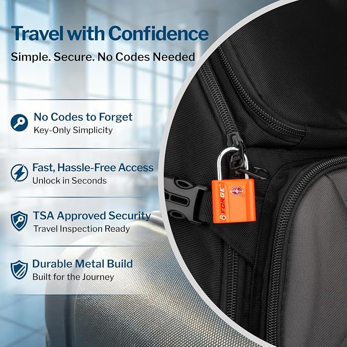 Forge Small TSA Approved Luggage Locks: Ultra Secure Dimple Key Travel Locks Alloy Body. for Luggage, Travel Cases, Backpacks, Orange 4 Pack. - Image 6