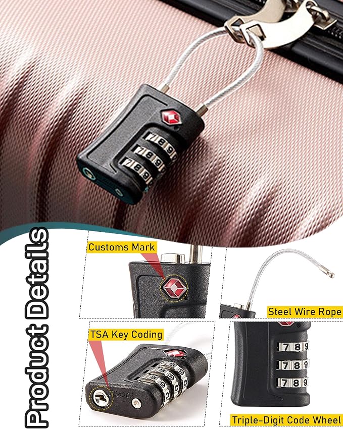 Oythiem TSA Approved Combination Luggage Locks & 4 Zipper Locks Anti Theft - 3 Digit Re-Settable Code Lock with Zinc Alloy Body, Ultimate Travel Security Bundle for Suitcase, Backpack & Carry-On - Image 5