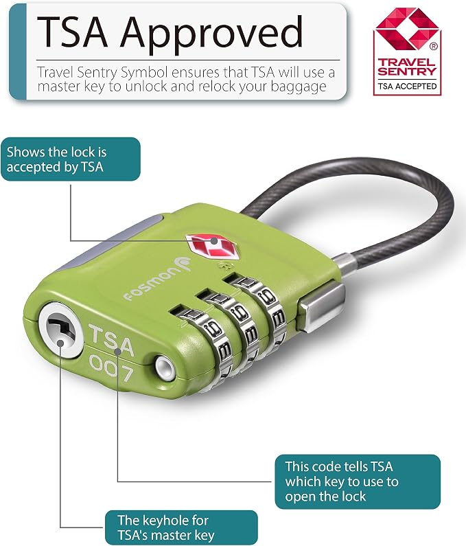 Fosmon TSA Approved Luggage Locks, Cable Suitcase Travel Lock, 3 Digit Long Shackle Combination Padlock, Wire Lock for Gym Locker, Backpack Anti Theft - Image 2