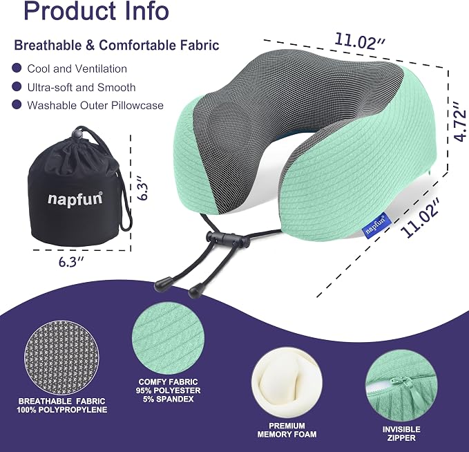 napfun Neck Pillow for Travel, Memory Foam Airplane Pillow, Turquoise | 360° Neck Support, Upgraded 100% Memory Foam for Airplane, Car, Train, Bus, Office Sleep, Travel Essentials for Long Flights - Image 2