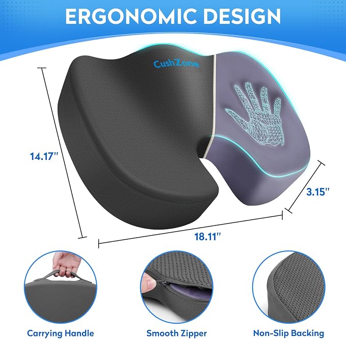 CushZone Memory Foam Seat Cushion for Office Car & Wheelchair, Gray | U-shaped Coccyx Cutout, Contoured Design, Breathable Removable Mesh Cover, Non-Slip Base, Carry Handle - Image 4