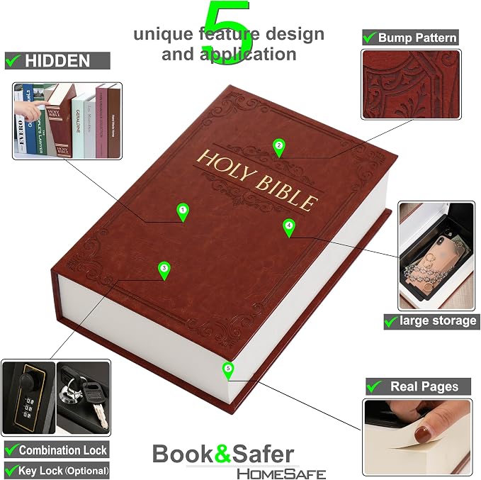 Deversion Book Safe Storage Box with Real Pages Combination Lock and Key Lock Box Money Safe Book Storage Lock Boxes for Personal Items 9.3''x6.0''x2.3'' (Bible(Brown)-Key) - Image 2