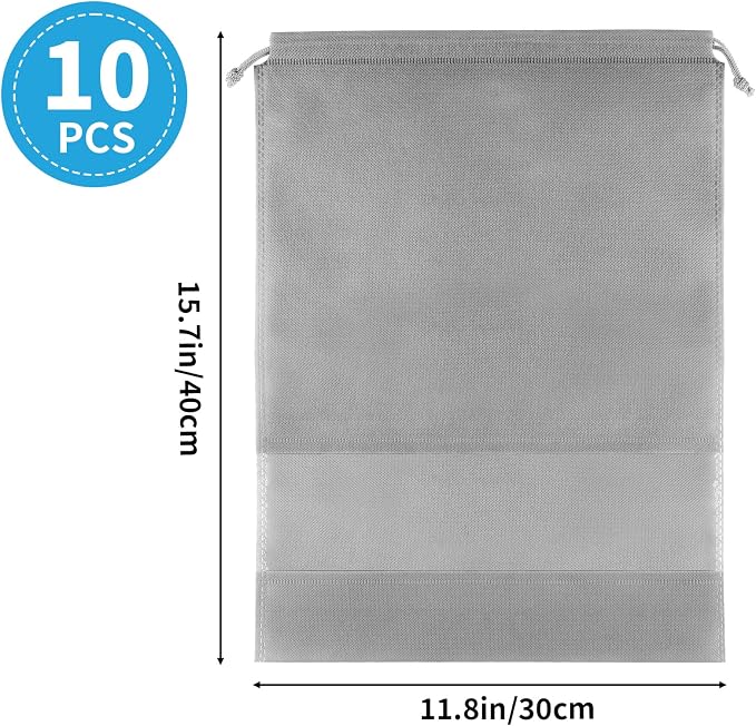 Grey Travel Shoe Bags - 10 Pcs Non-Woven Packing Bags with Clear Window | 15.7" x 11.8" Waterproof Dustproof Portable Travel Shoe Storage Bag for Men and Women - Image 2