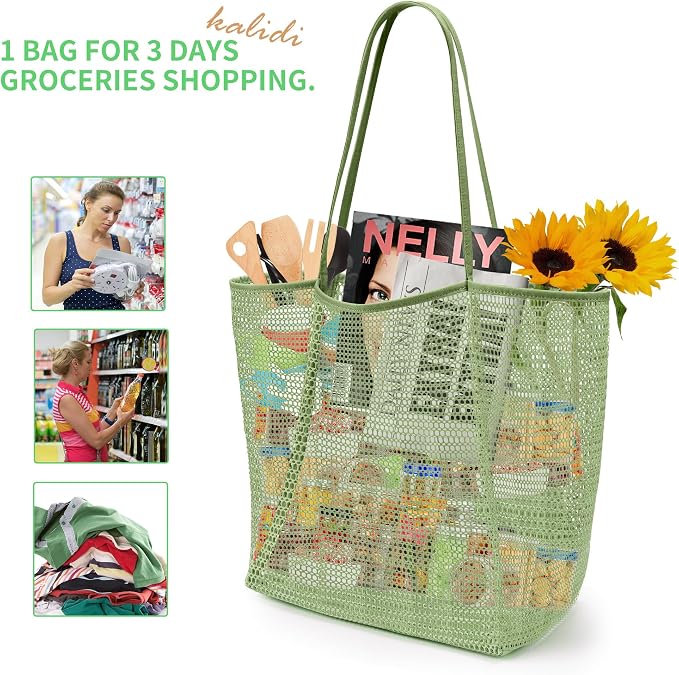 KALIDI Beach Mesh Tote Bag, Casual MAX 23L Summer Foldable Hobo Bag Women | Sandproof Widen Strap Large Shoulder Bag For Lake Pool Vacation Travel Picnic Grocery Market Shopping Carrier - Image 5
