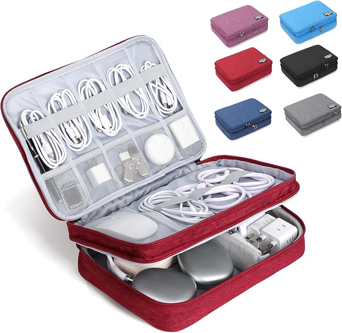 Electronic Organizer Travel Case, Double Layer Cable Organizer Bag | Double-layer design with adjustable dividers, mesh pockets and elastic loops for chargers, cables, power banks and gadgets by Unknown