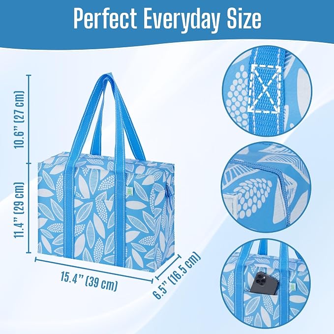 VENO 4 Pack Utility Tote Reusable Grocery Bags with Zipper & Hard Bottom | Heavy Duty Foldable Water-Resistant Shopping Bags for Summer Beach, Pool, Picnic & Travel Carry-on (Spring Breeze, 4 Pack) - Image 3