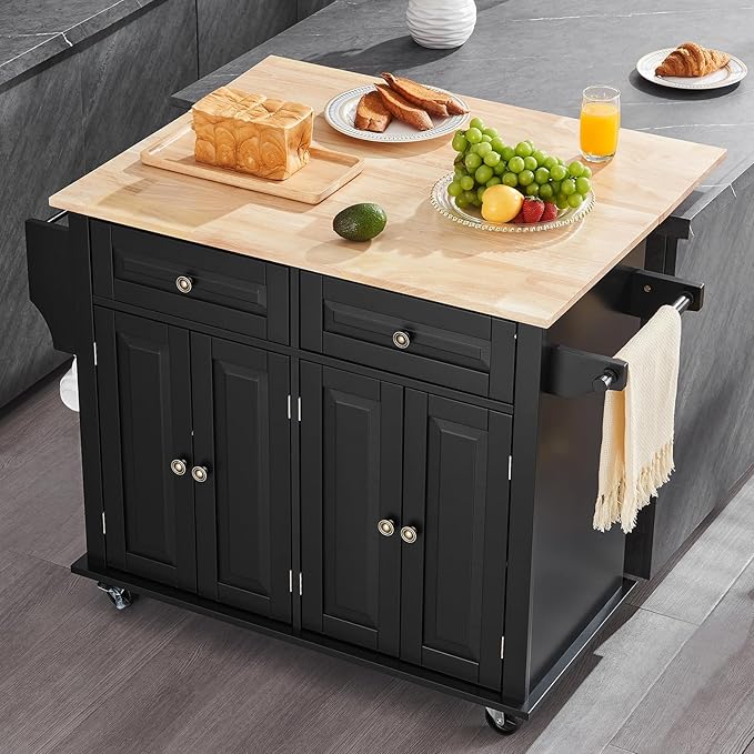 VEVOR Kitchen Island Cart, 35" Wood Top Mobile Carts with Storage Cabinet, Rolling Table with Drop Leaf, Spice Rack, Towel Bar, Adjustable Shelf, Drawer, and Hooks, Portable Islands on Wheels, Black | Rolling Table with Drop Leaf, Spice Rack, Towel Bar... - Image 8