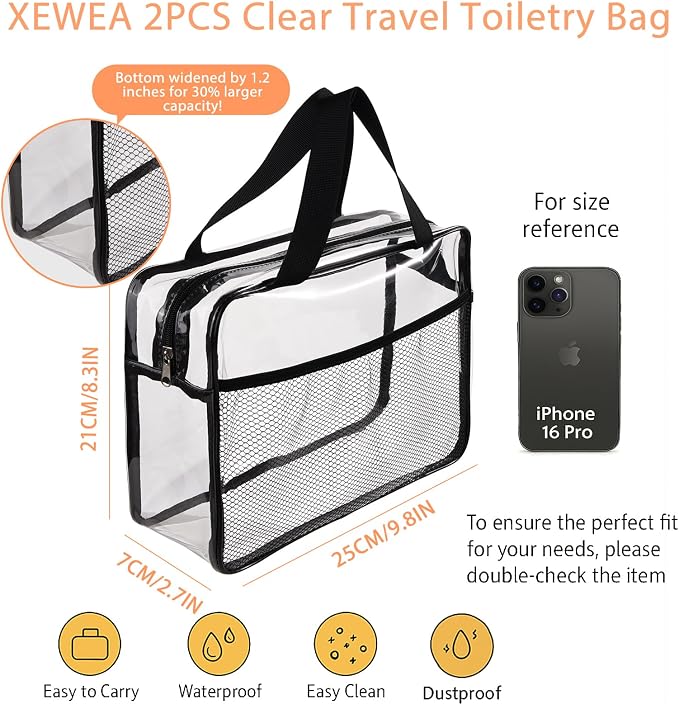 XEWEA 2PCS TSA Approved Clear Travel Toiletry Bags For Men Women, | Transparent Makeup Cosmetic Bag, Handle Zipper, Waterproof PVC, Quart Organizer Pouch for Airport Airline, Black - Image 3