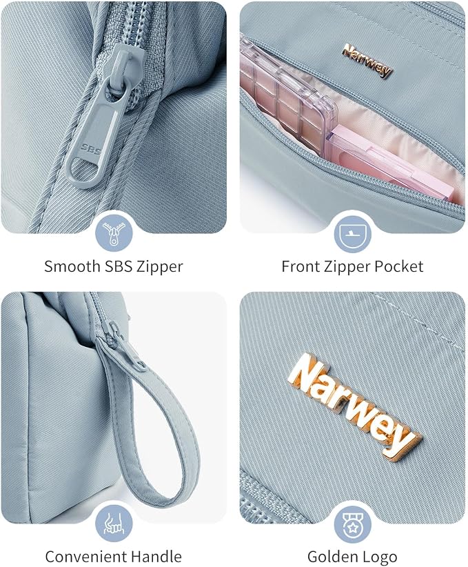 Narwey Large Travel Makeup Bag For Women Girls, Wide Open Cosmetic Bag, Portable Toiletry Bag for Cosmetics, Toiletries, Skincare, Brushes (Greyish Blue) - Image 7