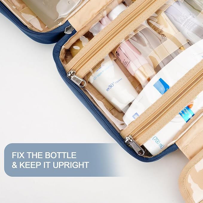 Travel Hanging Toiletry Bag for Women and Men, with 8 Leak Proofing Silicone Bottle Covers, Waterproof Makeup Accessories, Cosmetic Essentials, Toiletries Dopp Kit Set with Jewelry Organizer, Navy - Image 5
