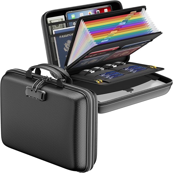 DocSafe Fireproof File Organizer with Lock, Hard-Shell Case Fireproof Document Box with 13 Pocket Accordion File Folder, Portable Home Office Travel Safe Storage for Important Documents Laptop Black by DocSafe